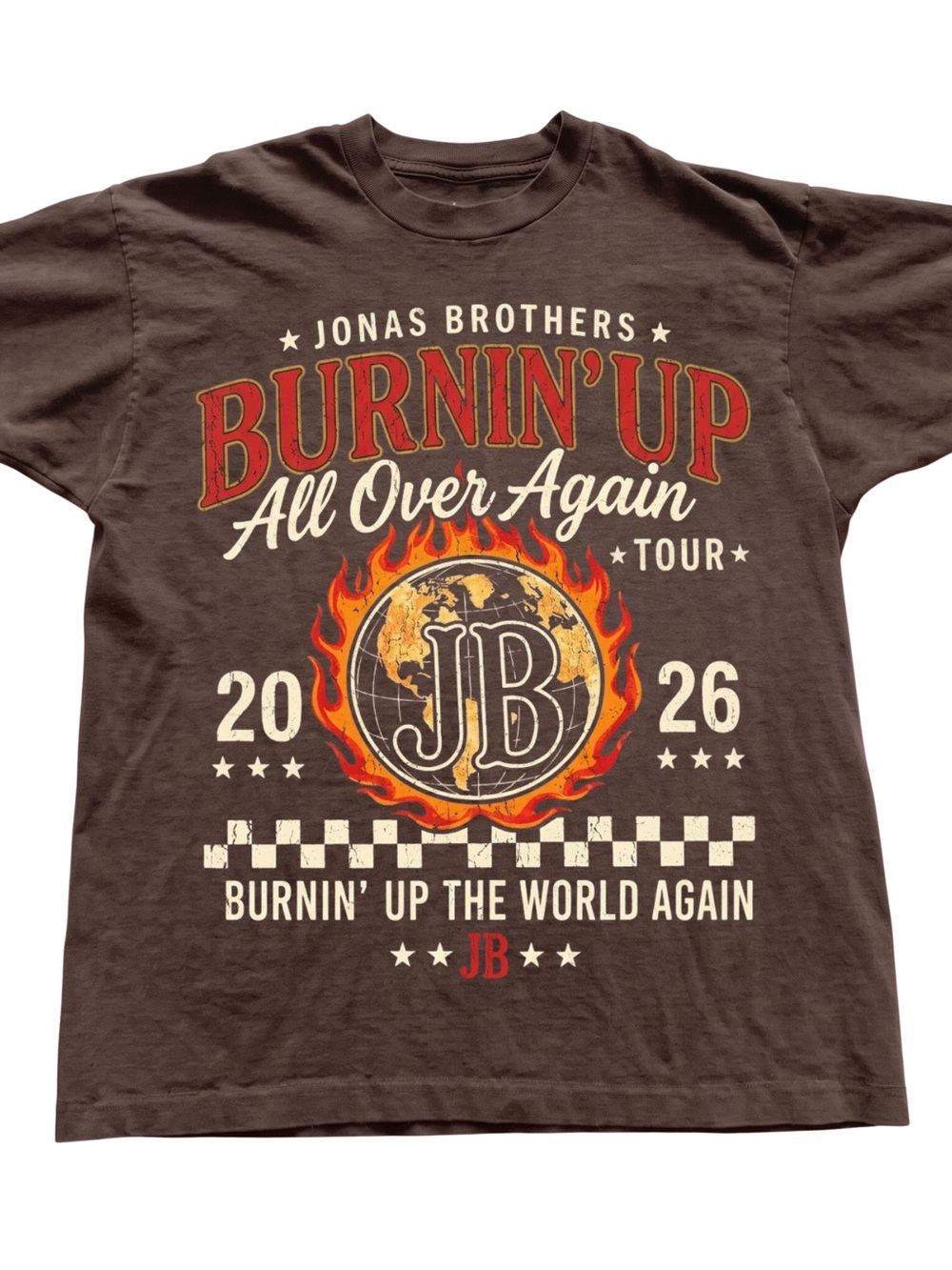 Gildan Brown Short Sleeve Graphic Tee with Red and Cream Print